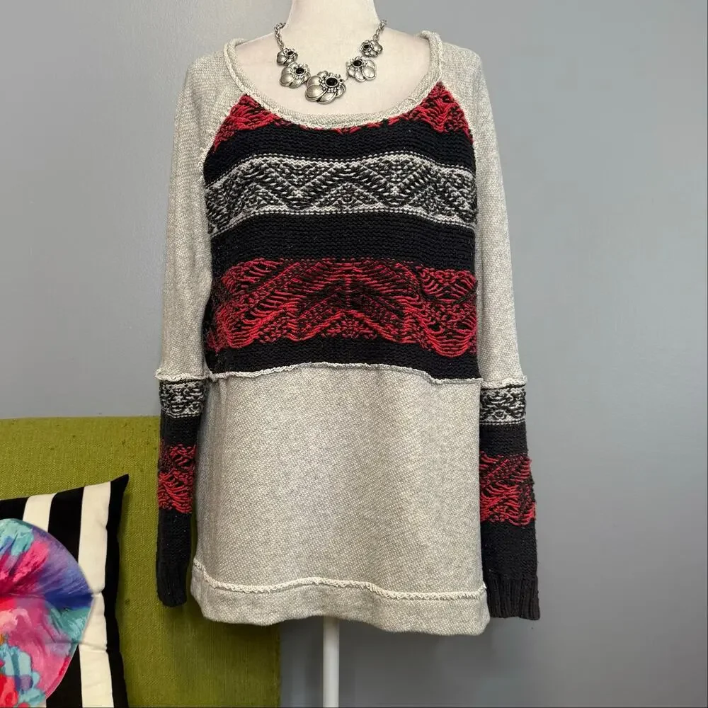 Free People Nordic Cotton Knit Pullover Sweater Red Gray Black